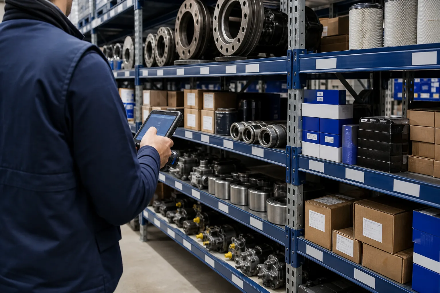 Inventario de repuestos para vehículos pesados en almacén organizado